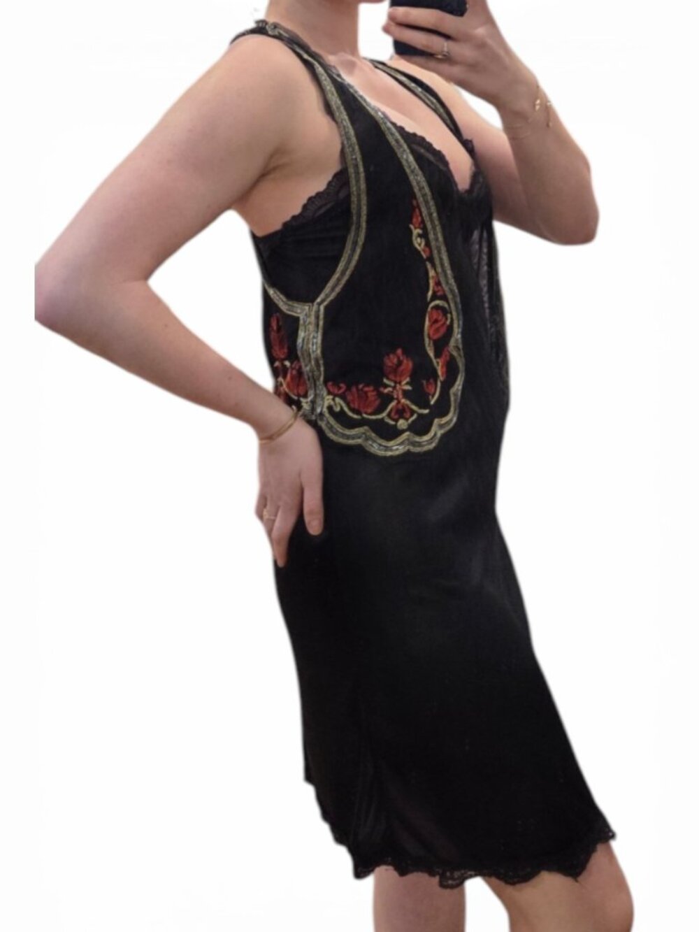 Ecote Anthropologie Sheer Black Mesh Vest Red Floral Beading Scalloped Hem